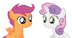 Size: 1102x588 | Tagged: safe, edit, edited screencap, screencap, scootaloo, sweetie belle, pegasus, pony, unicorn, ask the crusaders, background removed, duo, duo female, female, filly, foal, green eyes, horn, looking at each other, looking at someone, not a vector, purple eyes, simple background, small wings, spread wings, transparent background, two toned mane, wings