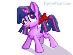 Size: 2160x1620 | Tagged: safe, artist:llamalauncher, twilight sparkle, pony, unicorn, g4, :p, alternate hairstyle, bow, chest fluff, female, hair bow, hooves, horn, no pupils, pigtails, shadow, simple background, solo, standing, starry eyes, tongue out, twintails, unicorn twilight, white background, wingding eyes