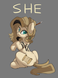 Size: 1371x1824 | Tagged: safe, artist:beardie, oc, oc only, oc:hyra glyph, earth pony, pony, colored pupils, cute, eyebrows, eyelashes, female, gray background, looking at you, looking back, looking back at you, mare, she, simple background, sitting, solo, tattoo, underhoof