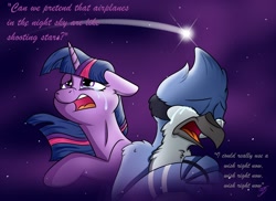Size: 2200x1600 | Tagged: safe, artist:takutanuvataio, twilight sparkle, bird, blue jay, pony, g4, aeroplanes and meteor showers, airplanes (song), crossover, crossover shipping, crying, duo, female, male, meme, mordecai, mordetwi, night, open mouth, regular show, shipping, straight
