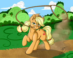 Size: 2000x1600 | Tagged: safe, artist:takutanuvataio, applejack, earth pony, pony, g4, female, lasso, mouth hold, rope, solo