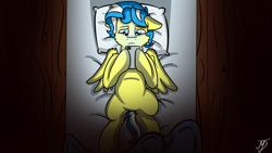 Size: 1280x720 | Tagged: safe, artist:takutanuvataio, oc, oc only, oc:arty quill, pegasus, pony, bed, cellphone, lying down, male, night, on back, pegasus oc, phone, sad, solo