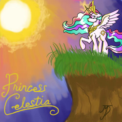 Size: 1024x1024 | Tagged: safe, artist:takutanuvataio, princess celestia, alicorn, pony, g4, cliff, female, glowing, glowing horn, horn, spread wings, sunrise, wings