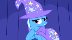 Size: 1280x720 | Tagged: safe, screencap, trixie, pony, unicorn, boast busters, g4, season 1, cape, clothes, female, hat, mare, trixie's cape, trixie's hat