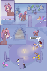 Size: 791x1200 | Tagged: safe, artist:weasselk, oc, oc:heartstrong flare, oc:king calm merriment, oc:king righteous authority, oc:king speedy hooves, alicorn, pony, unicorn, comic:plot of the plot cult, alicorn oc, balcony, butt, candle, candlelight, candlestick, canterlot, canterlot castle, clothes, colored, comic, commissioner:bigonionbean, commissioner:buffaloman20, cup, cutie mark, dialogue, female, flank, food, fruit, fusion:big macintosh, fusion:braeburn, fusion:caboose, fusion:cheese sandwich, fusion:doctor whooves, fusion:donut joe, fusion:fancypants, fusion:flash sentry, fusion:prince blueblood, fusion:promontory, fusion:shining armor, fusion:silver zoom, fusion:soarin', fusion:sunburst, fusion:time turner, fusion:trouble shoes, fusion:wind waker, glasses, horn, large butt, levitation, magic, maid, male, mare, paper, pitcher, plot, potted plant, snorting, stallion, stormcloud, table, telekinesis, the ass was fat, tray, unamused, wall of tags, wings, writer:bigonionbean