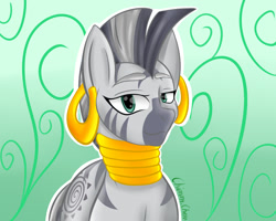 Size: 1280x1024 | Tagged: safe, artist:anastasiaplisetskaya, zecora, zebra, g4, ear piercing, female, looking at you, neck rings, piercing, smiling, solo