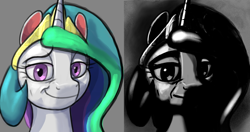 Size: 2110x1112 | Tagged: safe, artist:ciborgen, edit, princess celestia, alicorn, pony, g4, bust, cropped, female, meme, mr. incredible becoming uncanny, ponified meme, portrait, princess celestia becoming uncanny, solo, those who don't know