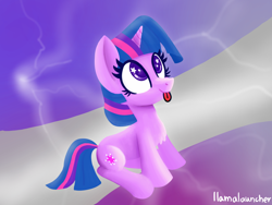 Size: 2160x1620 | Tagged: safe, artist:llamalauncher, twilight sparkle, pony, unicorn, g4, chest fluff, female, lightning, sitting, solo, starry eyes, tongue out, unicorn twilight, wingding eyes