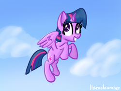 Size: 2048x1536 | Tagged: safe, artist:llamalauncher, twilight sparkle, alicorn, pony, g4, female, flying, grin, sky, smiling, solo, twilight sparkle (alicorn)