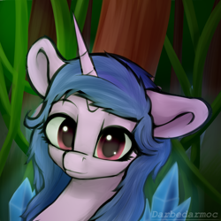 Size: 2048x2048 | Tagged: safe, artist:darbedarmoc, izzy moonbow, pony, unicorn, g5, my little pony: a new generation, crystal, forest background, high res, looking at you, solo