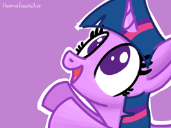 Size: 2048x1536 | Tagged: safe, artist:llamalauncher, twilight sparkle, pony, g4, cute, female, horn, mare, no pupils, open mouth, open smile, outline, purple background, signature, simple background, smiling, solo, white outline