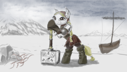 Size: 1920x1080 | Tagged: safe, artist:ciborgen, oc, oc only, earth pony, pony, bipedal, bipedal leaning, boat, earth pony oc, female, hammer, hoof hold, leaning, ponified, ship, snow, solo, the witcher, viking