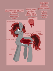 Size: 3456x4608 | Tagged: safe, artist:dreamy990, oc, oc:blood moon, bat pony, pony, male, reference sheet, scar, solo, stallion