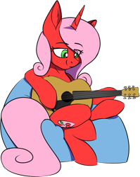 Size: 690x866 | Tagged: safe, artist:notetaker, oc, oc only, oc:cherryheart, pony, unicorn, acoustic guitar, beanbag chair, female, guitar, mare, musical instrument, simple background, solo, transparent background