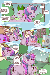 Size: 960x1440 | Tagged: safe, artist:cold-blooded-twilight, berry punch, berryshine, spike, twilight sparkle, dragon, earth pony, pony, unicorn, cold blooded twilight, comic:cold storm, g4, blushing, braid, comic, dialogue, speech bubble, stocks, unicorn twilight