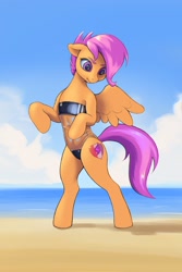 Size: 1200x1800 | Tagged: safe, artist:escapist, scootaloo, pegasus, pony, g4, bipedal, clothes, female, gris swimsuit, one-piece swimsuit, see-through, standing on two hooves, swimsuit, the cmc's cutie marks