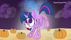 Size: 3840x2160 | Tagged: safe, artist:llamalauncher, twilight sparkle, pony, unicorn, g4, bone, female, halloween, high res, holiday, pumpkin, skeleton, solo, tongue out, unicorn twilight