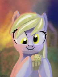 Size: 1200x1600 | Tagged: safe, artist:ciborgen, derpy hooves, pegasus, pony, g4, cute, derpabetes, female, food, lineless, muffin, smiling, solo