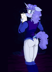 Size: 2490x3448 | Tagged: safe, artist:paskanaakka, derpibooru exclusive, oc, oc only, oc:midnight dew, unicorn, anthro, alternate timeline, ass, blushing, butt, clipboard, clothes, female, floppy ears, high res, lidded eyes, mare, nightmare takeover timeline, solo, uniform