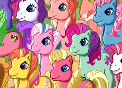 Size: 753x546 | Tagged: safe, screencap, applejack (g3), bumblesweet (g3), cloud climber, coconut grove, cotton candy (g3), desert rose, fizzy pop, forsythia (g3), gem blossom, loop-de-la, peachy pie (g3), piccolo, earth pony, pony, g3, the princess promenade, adorablossom, animation error, climberbetes, crowd, cute, diacolo, disembodied head, earth pony cloud climber, earth pony coconut grove, error, everyone's a princess, female, g3 cottoncandybetes, g3 fizzybetes, g3 forsythiabetes, g3 jackabetes, g3 peachybetes, g3 rosabetes, grin, group, groveabetes, loopdelabetes, mare, offscreen character, ponyville (g3), smiling, song