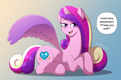 Size: 5956x3965 | Tagged: safe, artist:aarondrawsarts, princess cadance, alicorn, pony, g4, bedroom eyes, bronybait, commission, commissioner:reversalmushroom, dialogue, ear fluff, female, looking at you, lying down, mare, spread wings, talking to viewer, wings