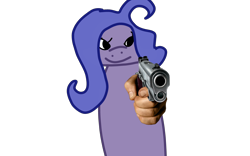 Size: 4000x2500 | Tagged: artist needed, safe, oc, oc:shit, earth pony, pony, 1000 hours in ms paint, 1000 years in photoshop, delet this, earth pony oc, female oc, gun, handgun, looking at you, pointing at you, simple background, smiling, smiling at you, solo, transparent background, vulgar description, vulgar oc name, wat, weapon