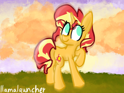 Size: 2048x1536 | Tagged: safe, artist:llamalauncher, sunset shimmer, pony, unicorn, g4, female, raised hoof, solo