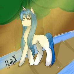 Size: 640x640 | Tagged: safe, oc, pony, unicorn, concave belly, horn, one eye closed, one eye open, signature, solo, unicorn oc, water