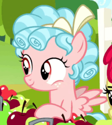 Size: 746x832 | Tagged: safe, screencap, apple bloom, cozy glow, earth pony, pegasus, pony, g4, marks for effort, season 8, animated, apple, bow, confused, cropped, curly mane, female, fence, filly, foal, food, freckles, gif, pointing, solo focus, talking, wings