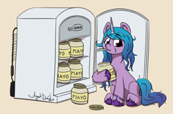 Size: 1678x1107 | Tagged: safe, artist:agent-diego, izzy moonbow, pony, unicorn, g5, my little pony: a new generation, bing bong, eye clipping through hair, eyebrows, eyebrows visible through hair, female, food, mare, mayonnaise, refrigerator, sauce, simple background, sitting, solo