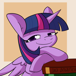 Size: 1728x1728 | Tagged: safe, artist:tjpones, twilight sparkle, alicorn, pony, g4, book, bookhorse, crossed hooves, female, lidded eyes, looking at you, mare, smiling, smiling at you, smug, smuglight sparkle, solo, twilight sparkle (alicorn)