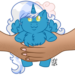 Size: 2500x2500 | Tagged: safe, artist:evelyncat, oc, oc:fleurbelle, pony, :3, adorabelle, adorable face, bow, chest fluff, cute, hair bow, high res, holding a pony, ocbetes, plushie, simple background, transparent background, wingding eyes, yellow eyes