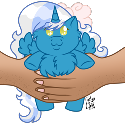 Size: 2500x2500 | Tagged: safe, artist:evelyncat, oc, oc:fleurbelle, pony, :3, adorabelle, adorable face, bow, chest fluff, cute, hair bow, high res, holding a pony, ocbetes, plushie, simple background, solo focus, tiny, tiny ponies, transparent background, wingding eyes, yellow eyes