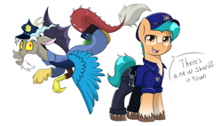 Size: 6324x3584 | Tagged: safe, artist:marieini, editor:zcord, part of a set, discord, hitch trailblazer, draconequus, earth pony, pony, g5, my little pony: a new generation, absurd resolution, commission, discop, duo, hat, key, male, necktie, police hat, police officer, police uniform, sheriff, simple background, stallion, talking to viewer, white background