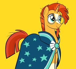 Size: 2350x2125 | Tagged: safe, artist:nonameorous, sunburst, pony, unicorn, g4, cloak, clothes, coat markings, facial hair, glasses, high res, male, simple background, socks (coat markings), solo, stallion, sunburst's cloak, sunburst's glasses, yellow background