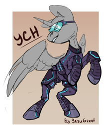 Size: 1600x1912 | Tagged: safe, artist:yarugreat, oc, alicorn, bat pony, changeling, deer, earth pony, pegasus, pony, sphinx, unicorn, zebra, advertisement, armor, armored pony, commission, glasses, horn, neon, smiling, smirk, solo, spread wings, wings, ych sketch, your character here