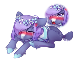 Size: 1756x1375 | Tagged: safe, artist:miioko, oc, oc only, earth pony, pony, blushing, bust, cross-popping veins, crying, earth pony oc, emanata, embarrassed, floral head wreath, flower, hair over one eye, puffy cheeks, simple background, transparent background, unshorn fetlocks