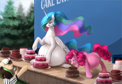 Size: 2732x1889 | Tagged: safe, artist:nsfwbonbon, pinkie pie, princess celestia, oc, oc:verdant ardea, alicorn, earth pony, pony, g4, belly, big belly, cake, cakelestia, eating contest, ethereal mane, ethereal tail, female, flowing mane, food, huge belly, hungry, hyper, hyper belly, hyper pregnancy, impossibly large belly, mare, preggy pie, preglestia, pregnant, referee, tail, this will end in colic, this will end in weight gain, tongue out
