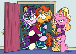Size: 1024x736 | Tagged: safe, artist:bobthedalek, luster dawn, starlight glimmer, sunburst, pony, unicorn, g4, the last problem, beard, bipedal, bipedal leaning, blaze (coat marking), caught, cloak, clothes, coat markings, daughters gonna daughter, facial hair, facial markings, female, glasses, headmare starlight, implied sex, leaning, luster dawn is starlight's and sunburst's daughter, male, offspring, older, older starlight glimmer, older sunburst, ship:starburst, shipping, simpsons did it, smug, socks (coat markings), straight, sunburst's cloak, sunburst's glasses, sweater, the simpsons, this will end in detention, this will end in grounding