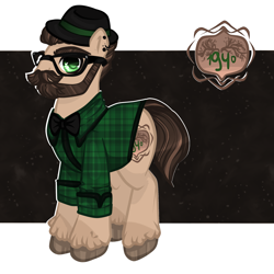 Size: 2449x2449 | Tagged: safe, artist:ponsel, oc, oc only, earth pony, pony, abstract background, beard, clothes, ear piercing, earth pony oc, facial hair, fedora, glasses, hat, high res, hipster, male, piercing, solo, stallion, unshorn fetlocks