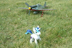 Size: 4608x3072 | Tagged: safe, artist:dingopatagonico, shining armor, pony, g4, grass, guardians of harmony, irl, misadventures of the guardians, photo, plane, solo, toy, world war ii