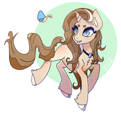 Size: 1024x956 | Tagged: safe, artist:binidi, oc, oc only, butterfly, pony, unicorn, chest fluff, cloven hooves, eyelashes, female, horn, jewelry, looking back, mare, necklace, simple background, smiling, solo, transparent background, unicorn oc