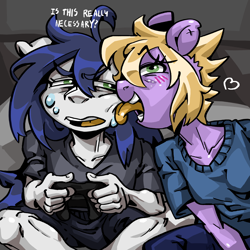 Size: 2000x2000 | Tagged: safe, artist:porcelanowyokular, oc, oc only, earth pony, anthro, clothes, controller, earth pony oc, female, high res, licking, male, smiling, talking, tongue out, unamused