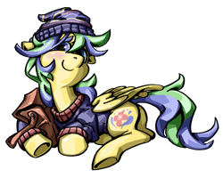 Size: 2500x2000 | Tagged: safe, artist:porcelanowyokular, oc, oc only, pegasus, pony, female, hat, high res, lying down, mare, pegasus oc, prone, simple background, smiling, solo, transparent background, underhoof, wings