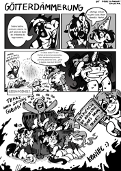 Size: 2893x4092 | Tagged: safe, artist:porcelanowyokular, oc, oc only, pony, unicorn, clothes, comic, dialogue, grayscale, grin, hoof hold, horn, monochrome, nervous, nervous smile, polish, signature, smiling, translated in the description, unicorn oc