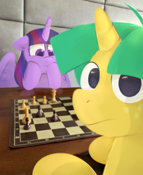 Size: 552x675 | Tagged: safe, artist:kukie, snails, twilight sparkle, alicorn, pony, unicorn, g4, chess, chess piece, chessboard, colt, duo, floppy ears, foal, freckles, hooves on cheeks, hooves on the table, horn, irl, looking at you, looking back, looking back at you, looking down, male, multicolored mane, partially open wings, photo, ponies in real life, ponified animal photo, purple eyes, real life background, reflection, table, thinking, twilight sparkle (alicorn), wings