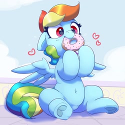 Size: 3000x3000 | Tagged: safe, artist:pabbley, rainbow dash, pegasus, pony, g4, belly button, cloud, cute, dashabetes, donut, eating, female, floating heart, food, frog (hoof), heart, herbivore, high res, mare, pabbley is trying to murder us, plump, pubic mound, solo, underhoof, weapons-grade cute