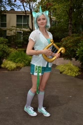 Size: 828x1242 | Tagged: safe, artist:brawny buck, lyra heartstrings, human, g4, clothes, converse, cosplay, costume, everfree northwest, everfree northwest 2014, irl, irl human, lyre, musical instrument, photo, shoes, sneakers, solo