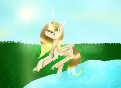 Size: 2871x2089 | Tagged: safe, artist:maneblue, oc, oc only, alicorn, pony, alicorn oc, high res, horn, lying down, outdoors, prone, solo, wings
