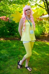 Size: 1644x2484 | Tagged: safe, artist:brawny buck, fluttershy, human, g4, clothes, cosplay, costume, everfree northwest, everfree northwest 2015, irl, irl human, leggings, photo, sandals, solo, tights